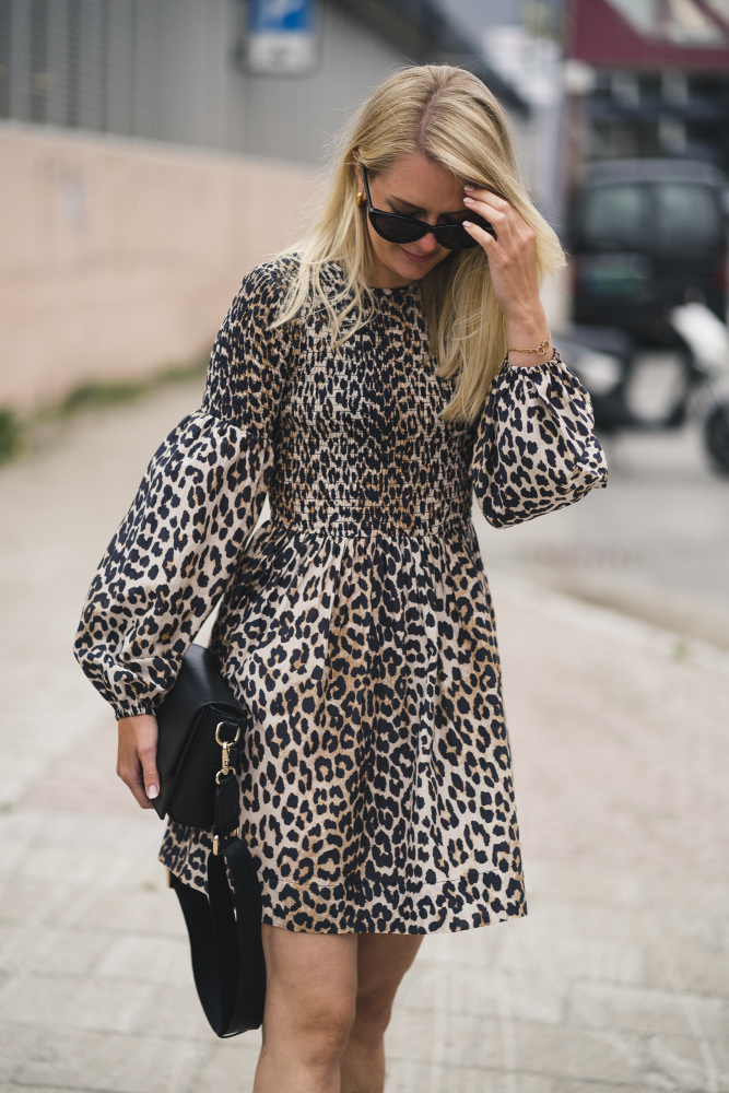Ganni cotton silk dress leopard cheap