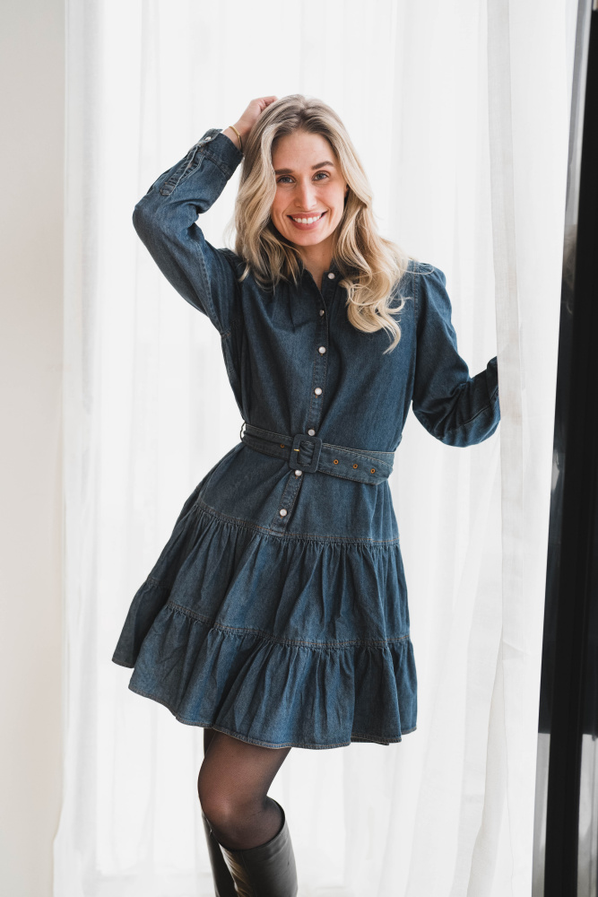 Denim Belt Dress French Blue  - Vakre Vene